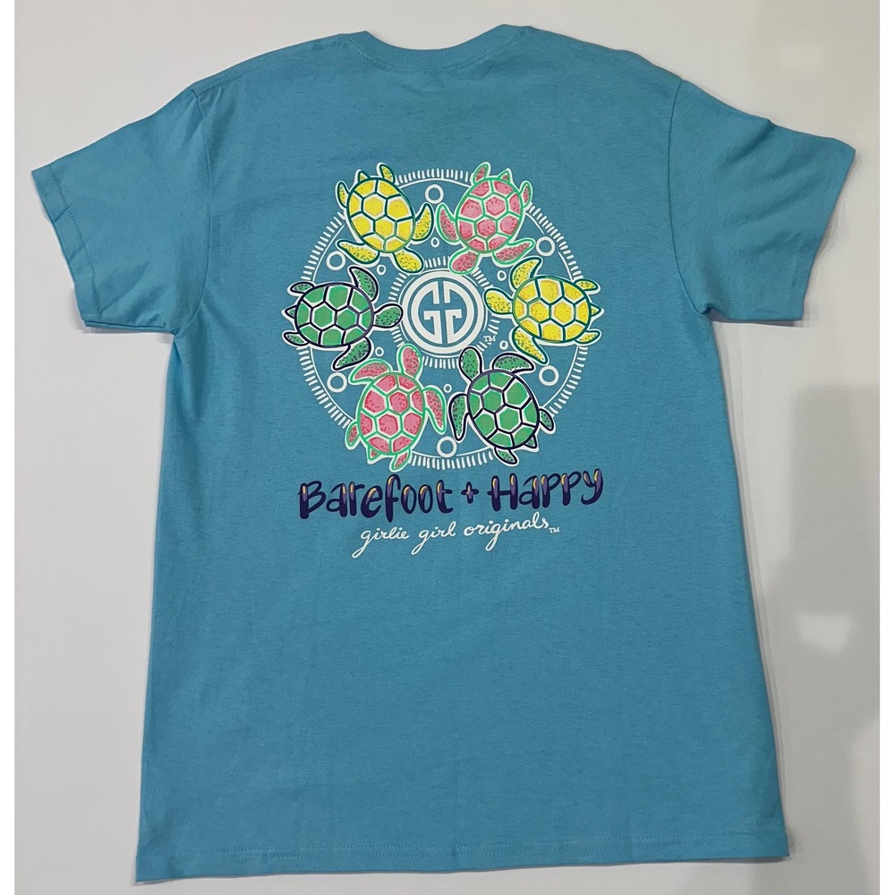 Girlie Girl Originals Blue Sea Turtle Barefoot Happy Graphic T-Shirt Medium NEW
